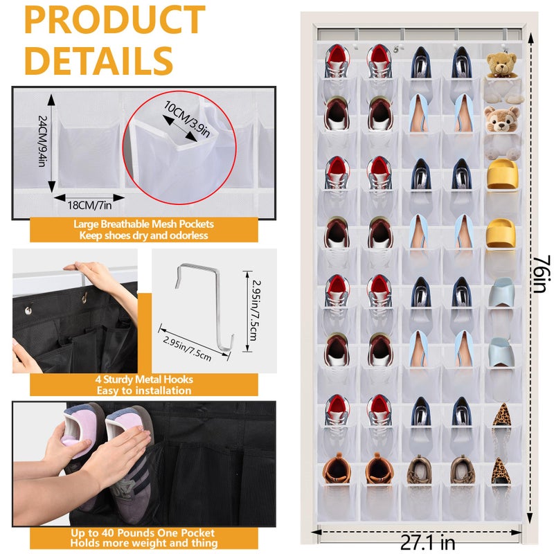 BiCINE Over the Door Shoe Organizer, 40 Large Mesh Pockets Hanging Shoe Rack Organizer for Closet Behind The Door Storage Holder for Entryway Bedroom Dorm White - Image 2