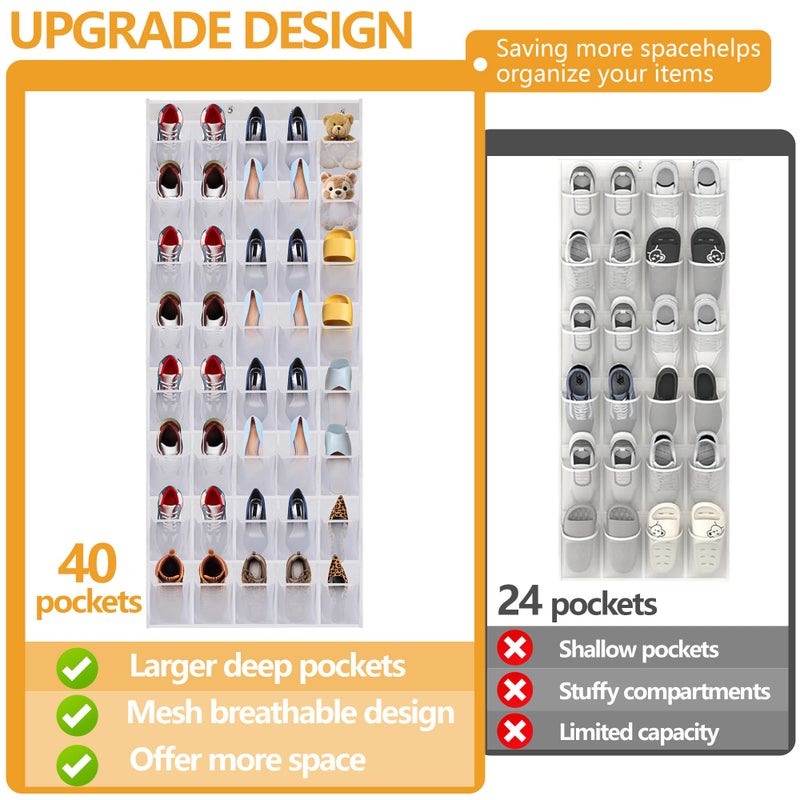 BiCINE Over the Door Shoe Organizer, 40 Large Mesh Pockets Hanging Shoe Rack Organizer for Closet Behind The Door Storage Holder for Entryway Bedroom Dorm White - Image 3