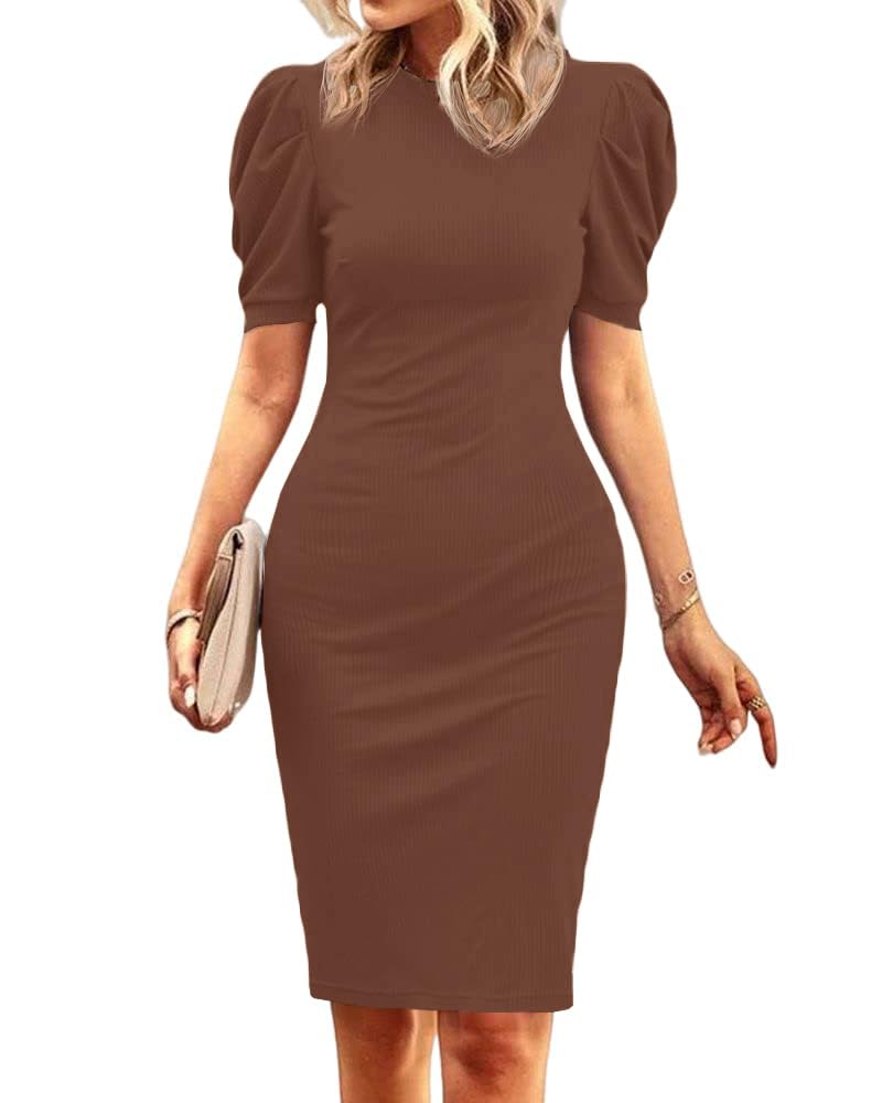 Cicy Bell Women's Puff Sleeve Bodycon Work Dresses Crew Neck Business Casual Office Pencil Dress Brown - Image 2