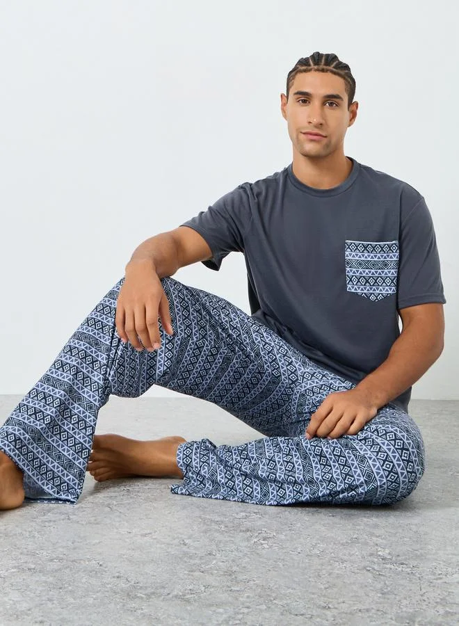 Men Printed Pocket Short Sleeve T-Shirt and Pyjama Set