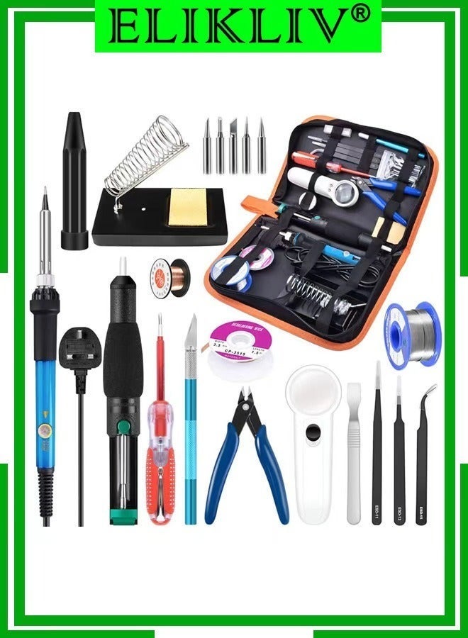 ELIKLIV Soldering Iron Kit Electronics, 21-in-1, 60W LCD Adjustable Temperature Soldering Iron, 5pcs Soldering Iron Tips, Soldering Iron Stand, Desoldering Pump, Magnifier, Solder Wire, Tweezers, PU Carry Bag , Ideal for Electrical Work - Image 1