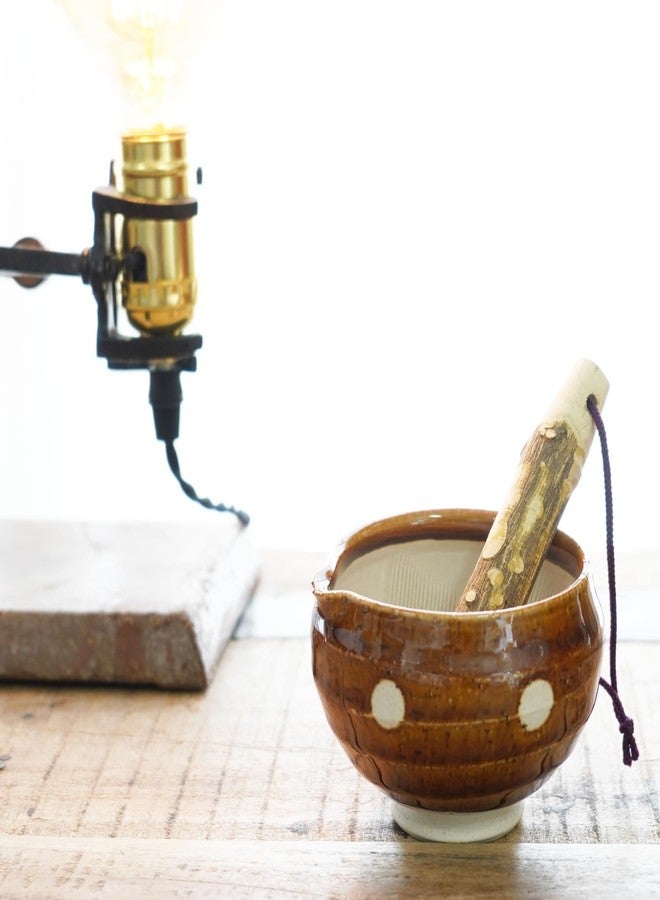 COTONOHA Traditional Japanese Mini Sesame Seed Grinder with Pestle - Mino Takada-yaki Ceramic - Deep Amber - Ideal for Dressings and Sauces (Candy Polka Dot Brown) - Image 2