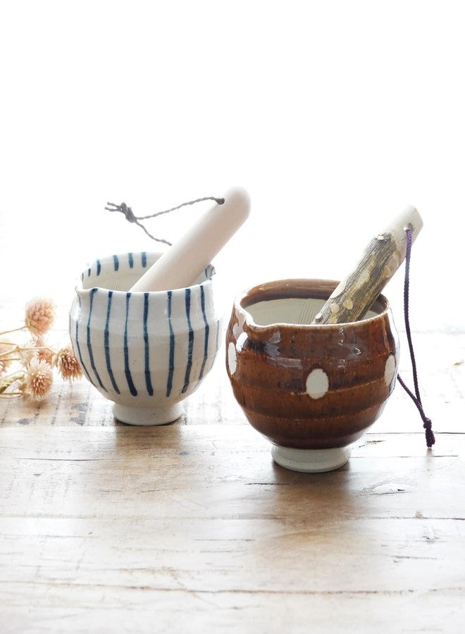 COTONOHA Traditional Japanese Mini Sesame Seed Grinder with Pestle - Mino Takada-yaki Ceramic - Deep Amber - Ideal for Dressings and Sauces (Candy Polka Dot Brown) - Image 4