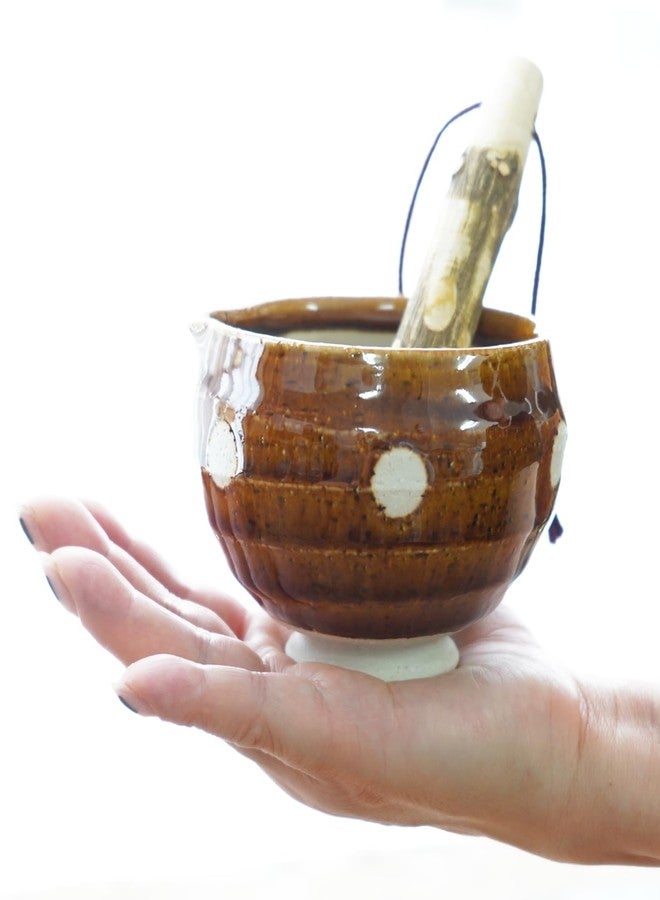 COTONOHA Traditional Japanese Mini Sesame Seed Grinder with Pestle - Mino Takada-yaki Ceramic - Deep Amber - Ideal for Dressings and Sauces (Candy Polka Dot Brown) - Image 3