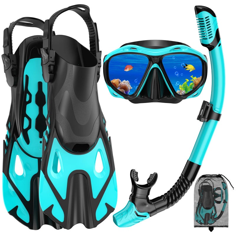Jwintee Snorkeling Gear for Adults, Mask Fin Snorkel Set, Dry Top Snorkel Mask, Panoramic View Anti-Leak Anti-Fog 3 in 1 Snorkeling Kit Travel Diving Package with Storage Bag - Image 1