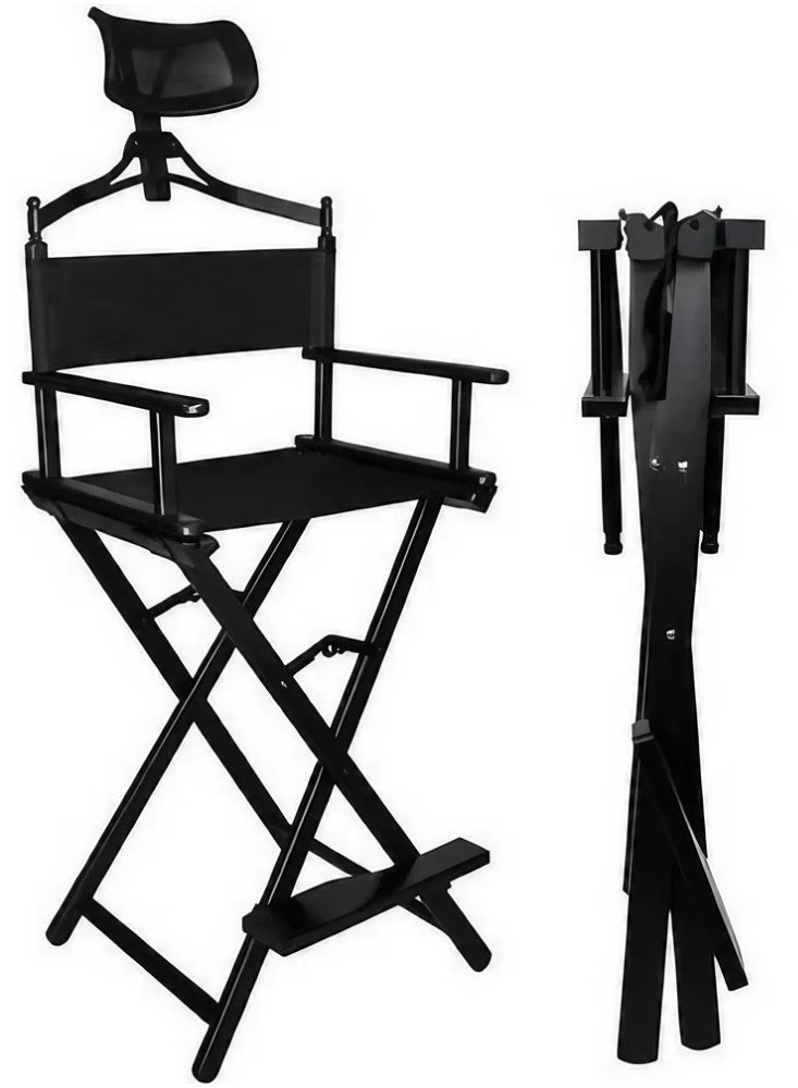 LA PERLA TECH  Professional Folding Makeup Artist Chair Makeup Chair, Portable Folding Directors Makeup Artist Chair With Headrest, Aluminum Black Tall Folding Directors Chair With Adjustable Height For Beauty Salon - Image 1