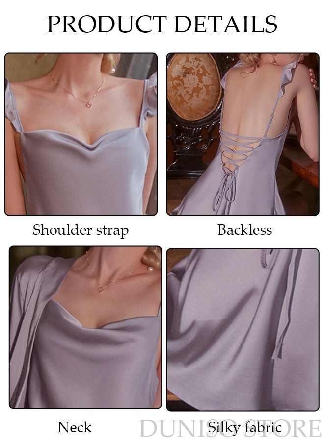 DUNISO 3-piece Women's Night Dress Set with Robe Waistband Sweet Silky Nightgown Solid Pajama Dress Sleepwear Girls Comfortable Nightwear Summer Home Wear Lounge Dress - Image 2