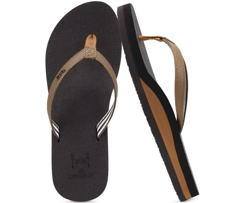 KuaiLu Womens Arch Support Flip Flops Comfortable Yoga Mat Slip on Leather Walking Thong Cushion Sandals Summer Beach Orthotic Slides Travel Essentials Indoor Outdoor Slippers Shoes Brown Size 10 - Image 1