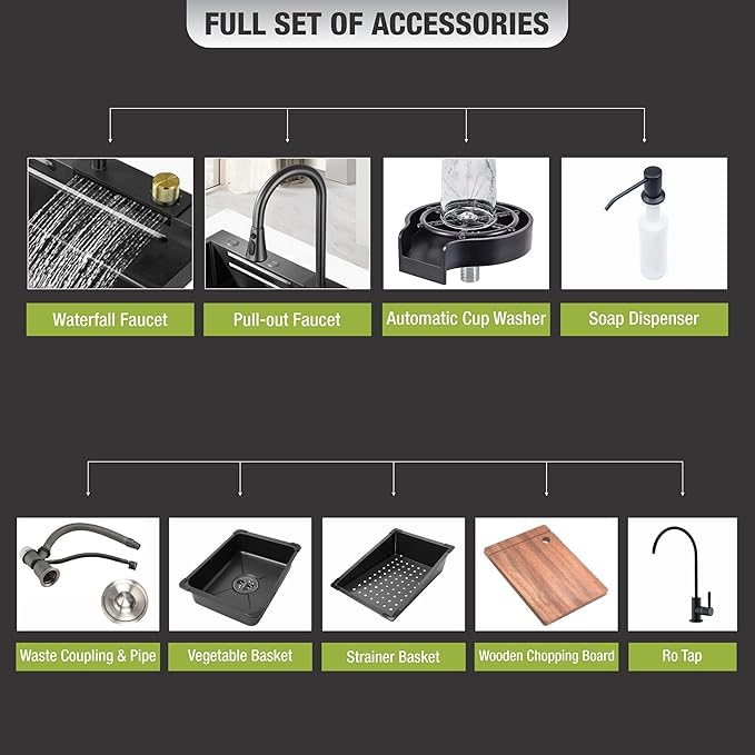 EVANEX PREMIUM Waterfall Kitchen Sink 30 x 18 x 9 with ANTI SCRATCH HONEYCOMB DESIGN Integrated Waterfall and Pulldown Faucet Set304 Grade Stainless Steel Sink with Cup washer and Drain Baskets - Image 3