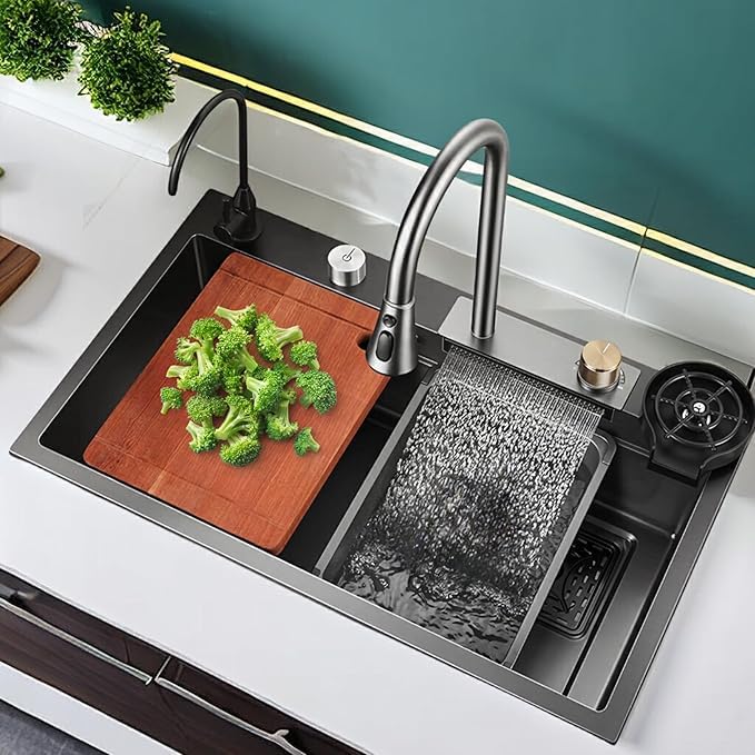 EVANEX PREMIUM Waterfall Kitchen Sink 30 x 18 x 9 with ANTI SCRATCH HONEYCOMB DESIGN Integrated Waterfall and Pulldown Faucet Set304 Grade Stainless Steel Sink with Cup washer and Drain Baskets - Image 1