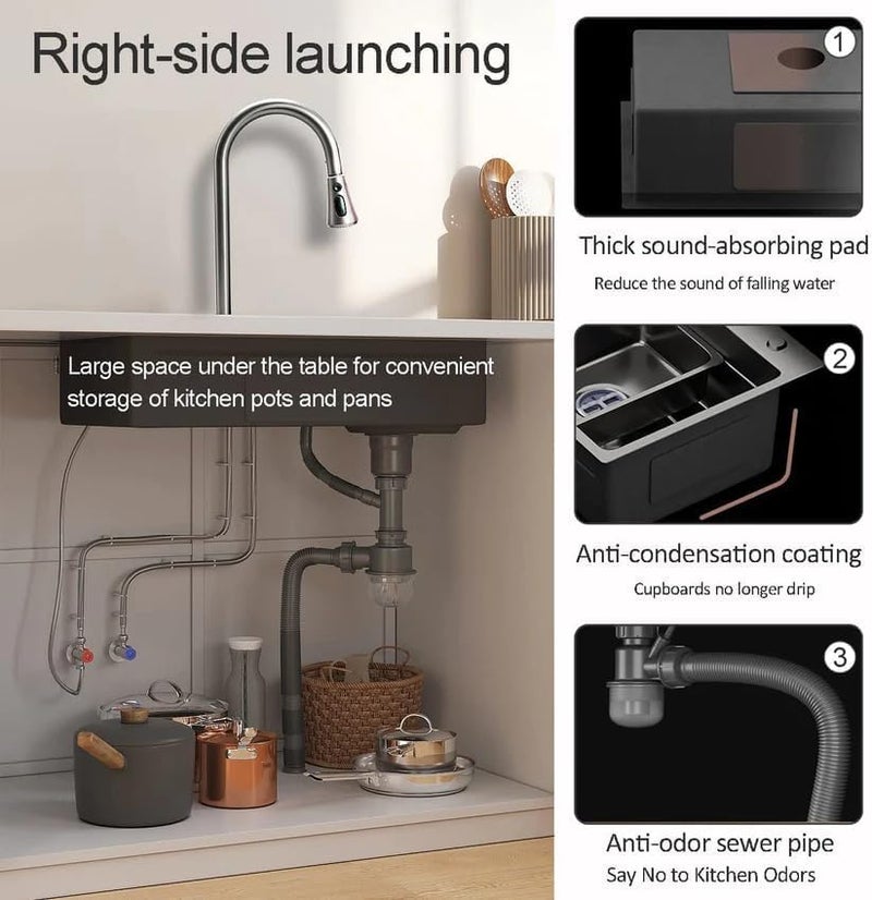 EVANEX PREMIUM Waterfall Kitchen Sink 30 x 18 x 9 with ANTI SCRATCH HONEYCOMB DESIGN Integrated Waterfall and Pulldown Faucet Set304 Grade Stainless Steel Sink with Cup washer and Drain Baskets - Image 4