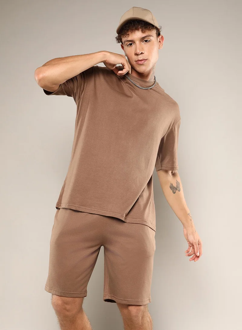 Campus Sutra Men's Ash Brown Solid Oversized Co-Ord Set