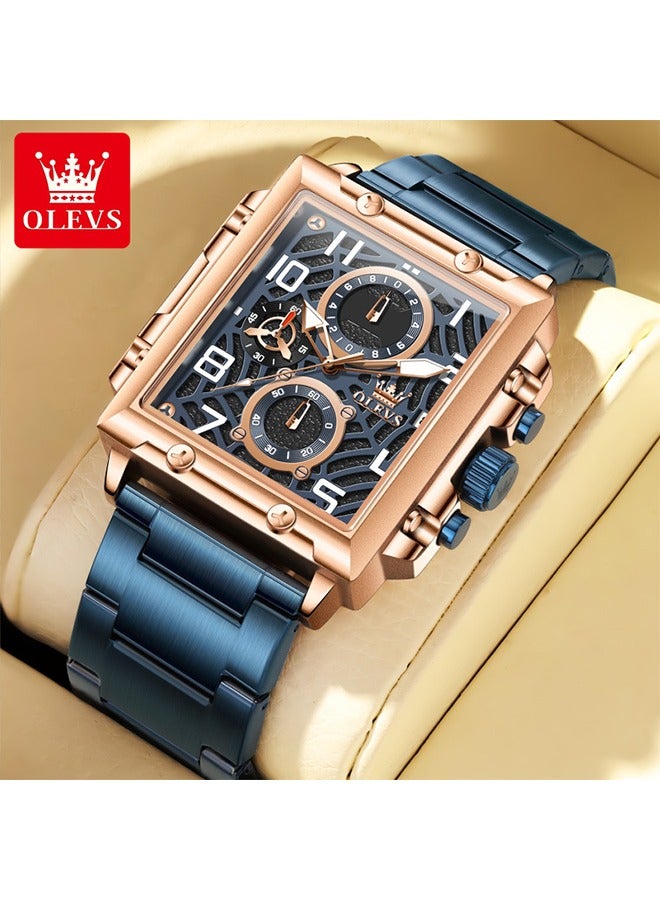 أوليفز مربع الرجال ساعة الأعمال كوارتز ساعات المعصم للرجال كرونوغراف مضيئة للماء رجل ساعة المعصم الزرقاء - Image 1