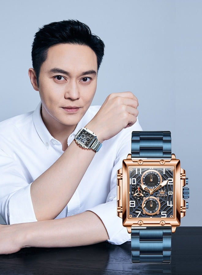 أوليفز مربع الرجال ساعة الأعمال كوارتز ساعات المعصم للرجال كرونوغراف مضيئة للماء رجل ساعة المعصم الزرقاء - Image 2