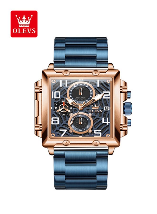 أوليفز مربع الرجال ساعة الأعمال كوارتز ساعات المعصم للرجال كرونوغراف مضيئة للماء رجل ساعة المعصم الزرقاء - Image 3