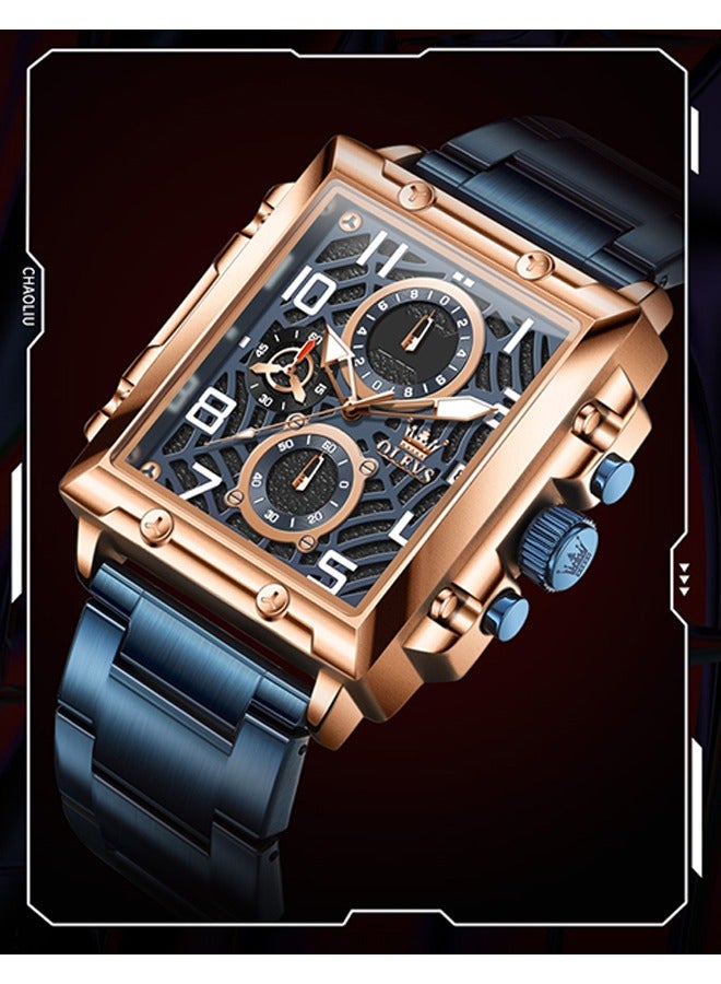 أوليفز مربع الرجال ساعة الأعمال كوارتز ساعات المعصم للرجال كرونوغراف مضيئة للماء رجل ساعة المعصم الزرقاء - Image 4