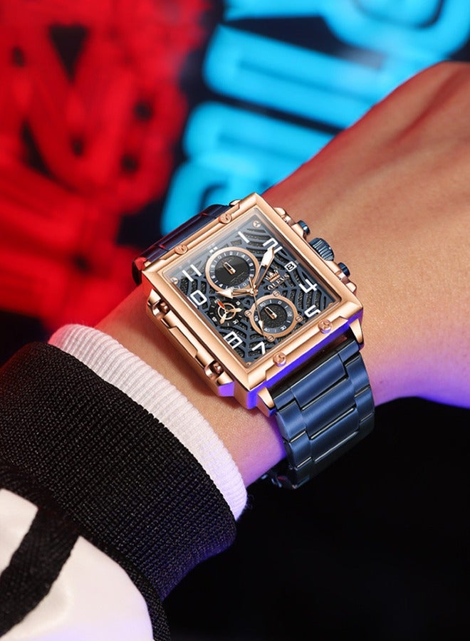 أوليفز مربع الرجال ساعة الأعمال كوارتز ساعات المعصم للرجال كرونوغراف مضيئة للماء رجل ساعة المعصم الزرقاء - Image 5