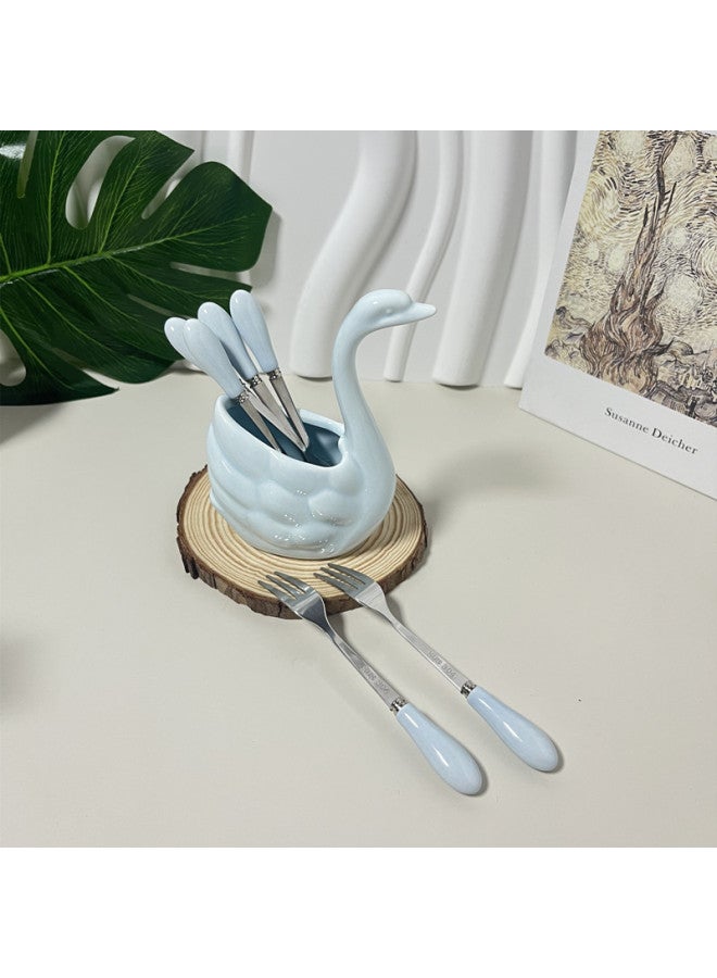 Swan 304 Stainless Steel Fruit Fork Suit Ceramic Household Safety Fruit Sign Storage Cans Light Luxury Premium Sense-Specifications:Blue Swan + 6 Prongs - Image 1