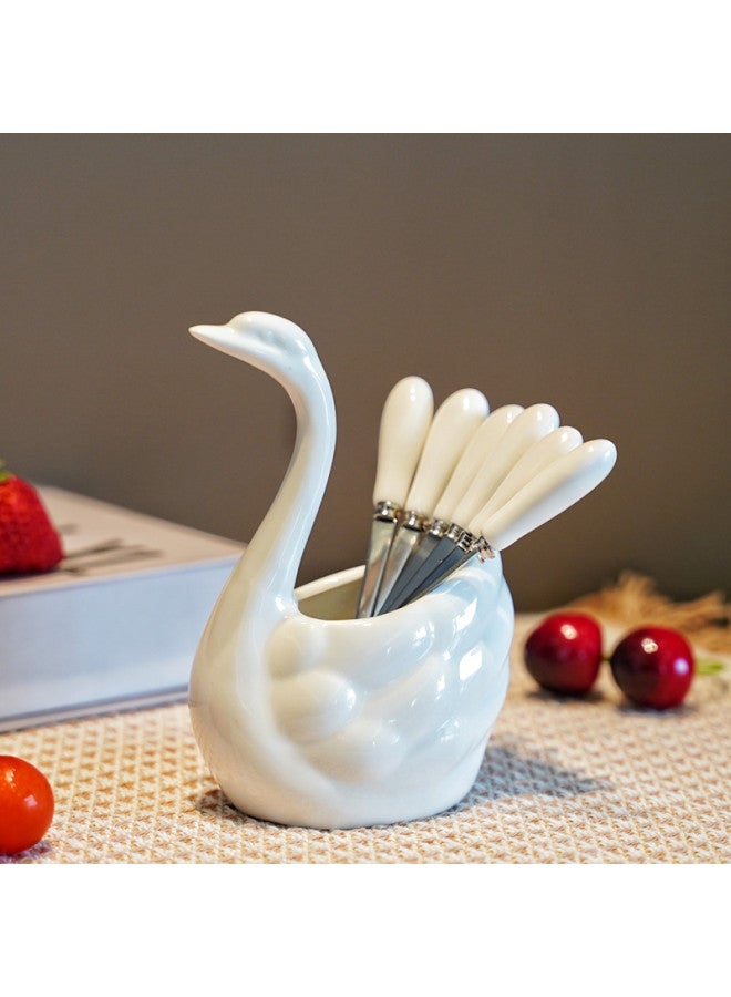 Swan 304 Stainless Steel Fruit Fork Suit Ceramic Household Safety Fruit Sign Storage Cans Light Luxury Premium Sense-Specifications:Blue Swan + 6 Prongs - Image 2