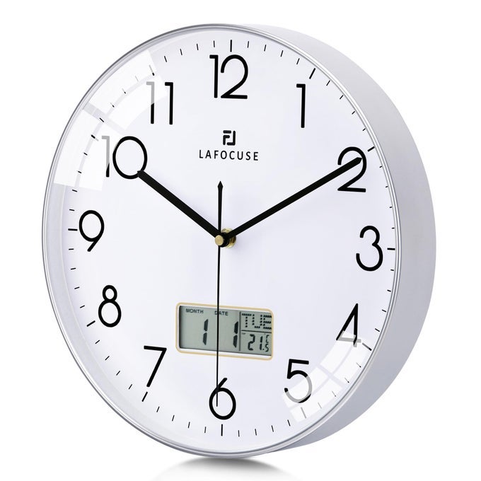 12 INCH SILENT MODERN SILVER WALL CLOCKS WITH DATE AND DAY ANALOG BATTERY OPERATED DIGITAL WALL CLOCK FOR LIVING ROOM DECOR DECORATIVE KITCHEN WALL CLOCK FOR BEDROOM HOME OFFICE