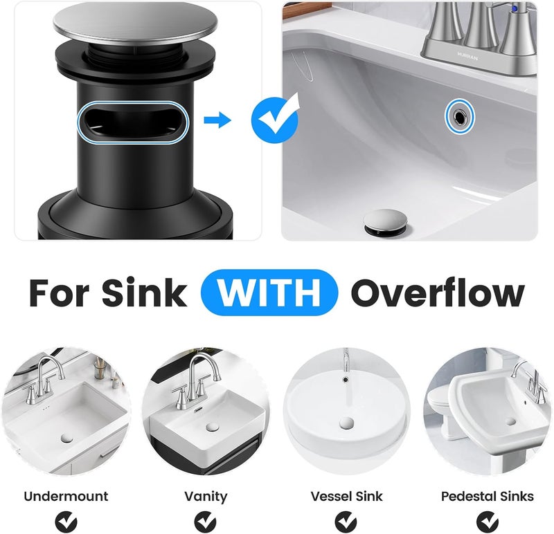 Hurran Bathroom Sink Drain with Overflow, Universal Bathroom Sink Stopper for Bathroom Vanity Vessel Sink, Plastic Pop-up Sink Drain with Hair Catcher Anti-Clog Strainer, 2 Pack, Brushed Nickel - Image 2