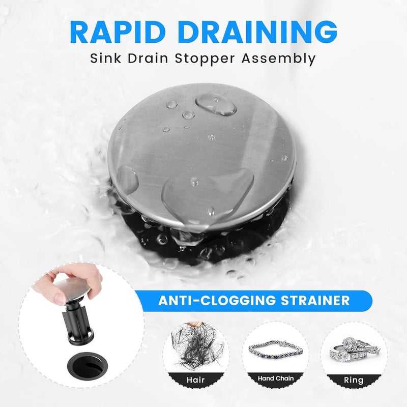 Hurran Bathroom Sink Drain with Overflow, Universal Bathroom Sink Stopper for Bathroom Vanity Vessel Sink, Plastic Pop-up Sink Drain with Hair Catcher Anti-Clog Strainer, 2 Pack, Brushed Nickel - Image 4