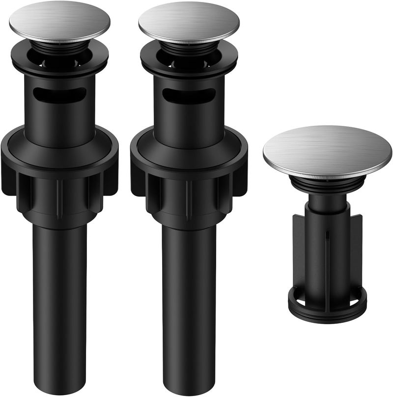 Hurran Bathroom Sink Drain with Overflow, Universal Bathroom Sink Stopper for Bathroom Vanity Vessel Sink, Plastic Pop-up Sink Drain with Hair Catcher Anti-Clog Strainer, 2 Pack, Brushed Nickel - Image 1