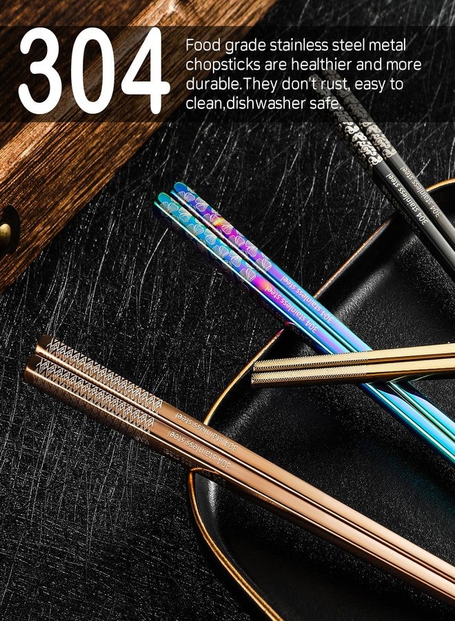 NEWDRIP 8 Pairs Metal Chopsticks Reusable Multicolor Stainless Steel Chopsticks Set Laser Engraved Non-slip Japanese Korean Chinese Chopstick for Cooking Eating Dishwasher Safe 9.25" Chop Sticks Gift Set - Image 4