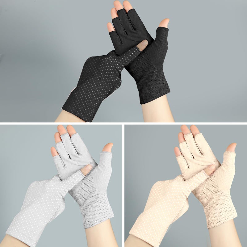 Senkary 3 Pairs Sun UV Protection Gloves Non Slip Cotton Fingerless Driving Biking Sunscreen Nail Manicure Gloves for Women (Khaki, Gray and Black) - Image 4