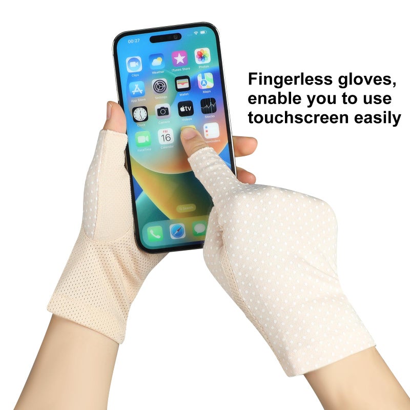 Senkary 3 Pairs Sun UV Protection Gloves Non Slip Cotton Fingerless Driving Biking Sunscreen Nail Manicure Gloves for Women (Khaki, Gray and Black) - Image 5