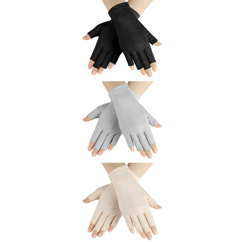 Senkary 3 Pairs Sun UV Protection Gloves Non Slip Cotton Fingerless Driving Biking Sunscreen Nail Manicure Gloves for Women (Khaki, Gray and Black) - Image 1