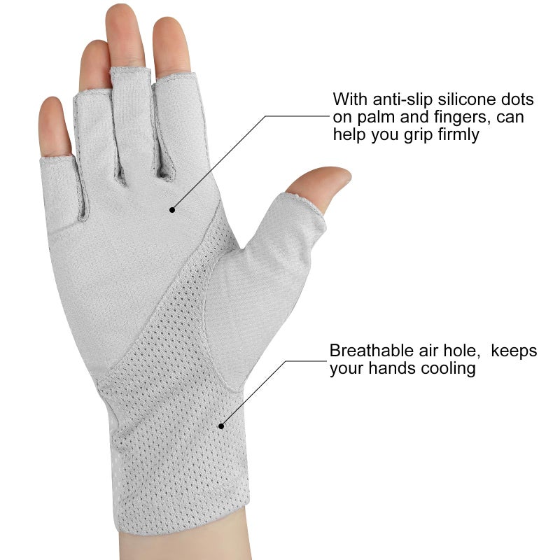 Senkary 3 Pairs Sun UV Protection Gloves Non Slip Cotton Fingerless Driving Biking Sunscreen Nail Manicure Gloves for Women (Khaki, Gray and Black) - Image 2