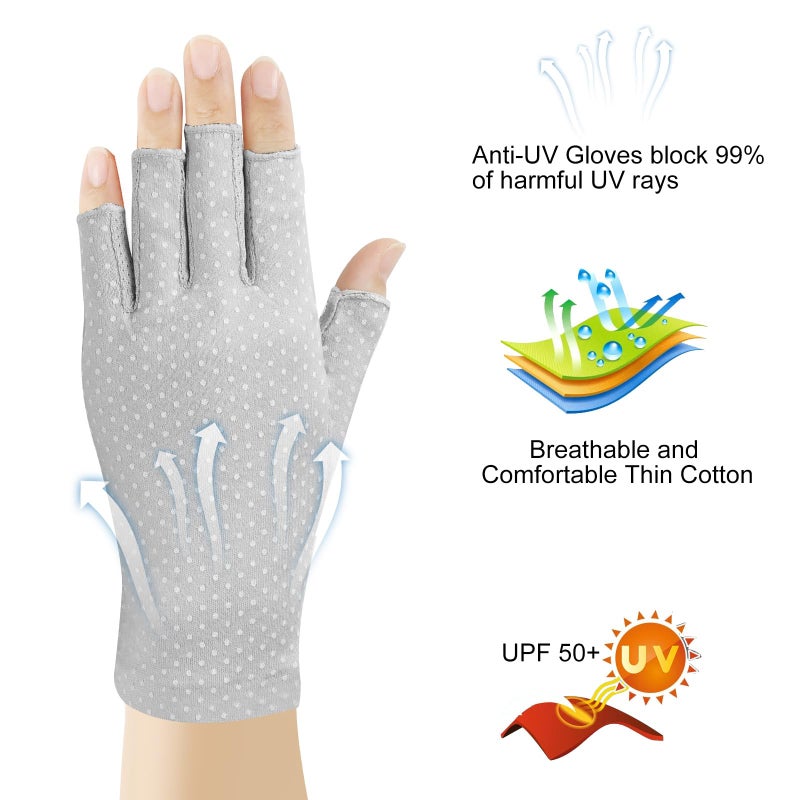 Senkary 3 Pairs Sun UV Protection Gloves Non Slip Cotton Fingerless Driving Biking Sunscreen Nail Manicure Gloves for Women (Khaki, Gray and Black) - Image 3