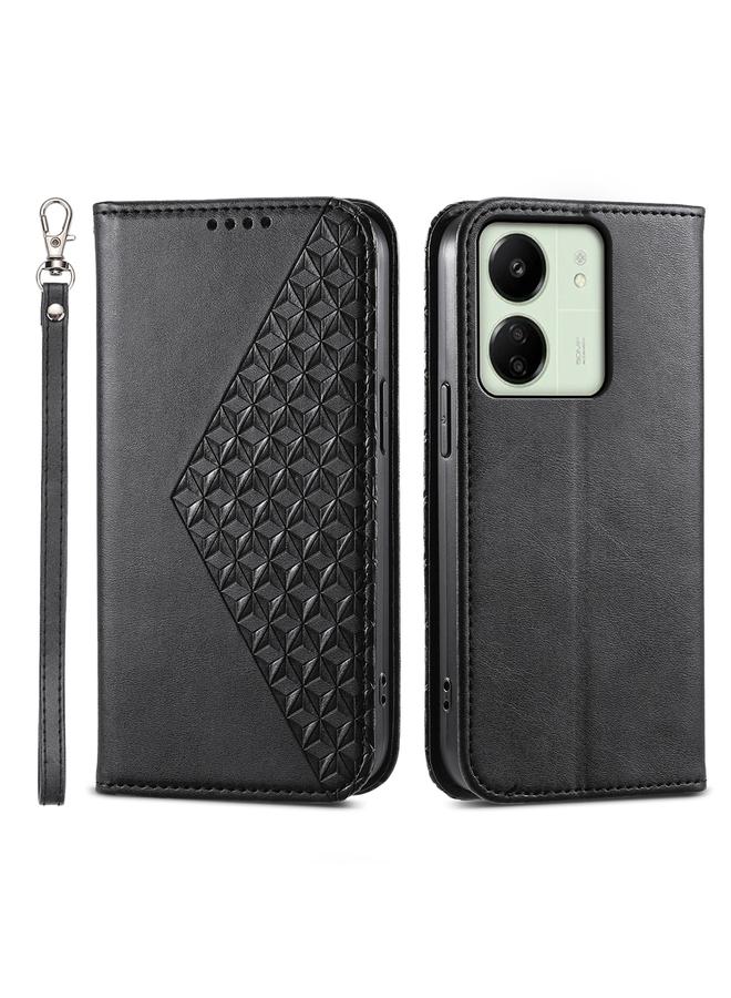 The Bros Case For Xiaomi Redmi 13C Cubic Grid Calf Texture Magnetic Leather Phone Case