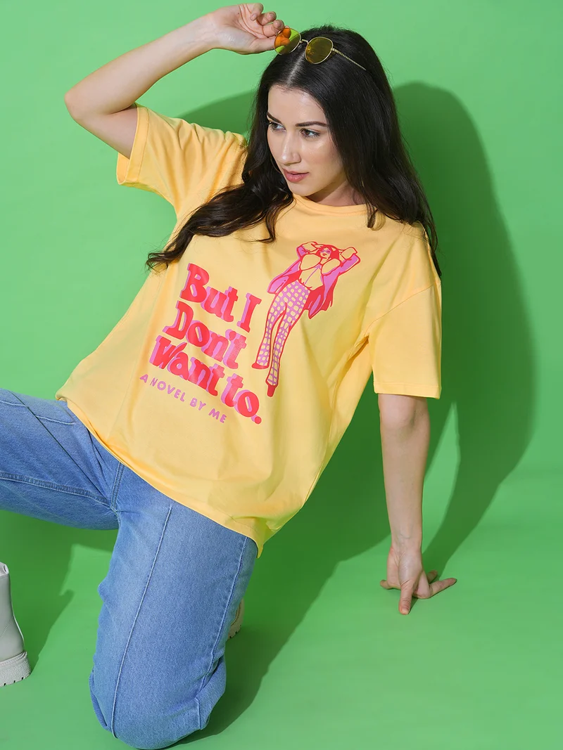 globus Globus Women Yellow Printed Round Neck Short Sleeves Cotton Boxy T-Shirt