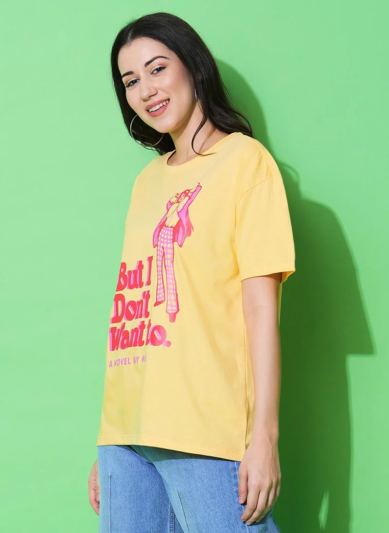 globus Globus Women Yellow Printed Round Neck Short Sleeves Cotton Boxy T-Shirt