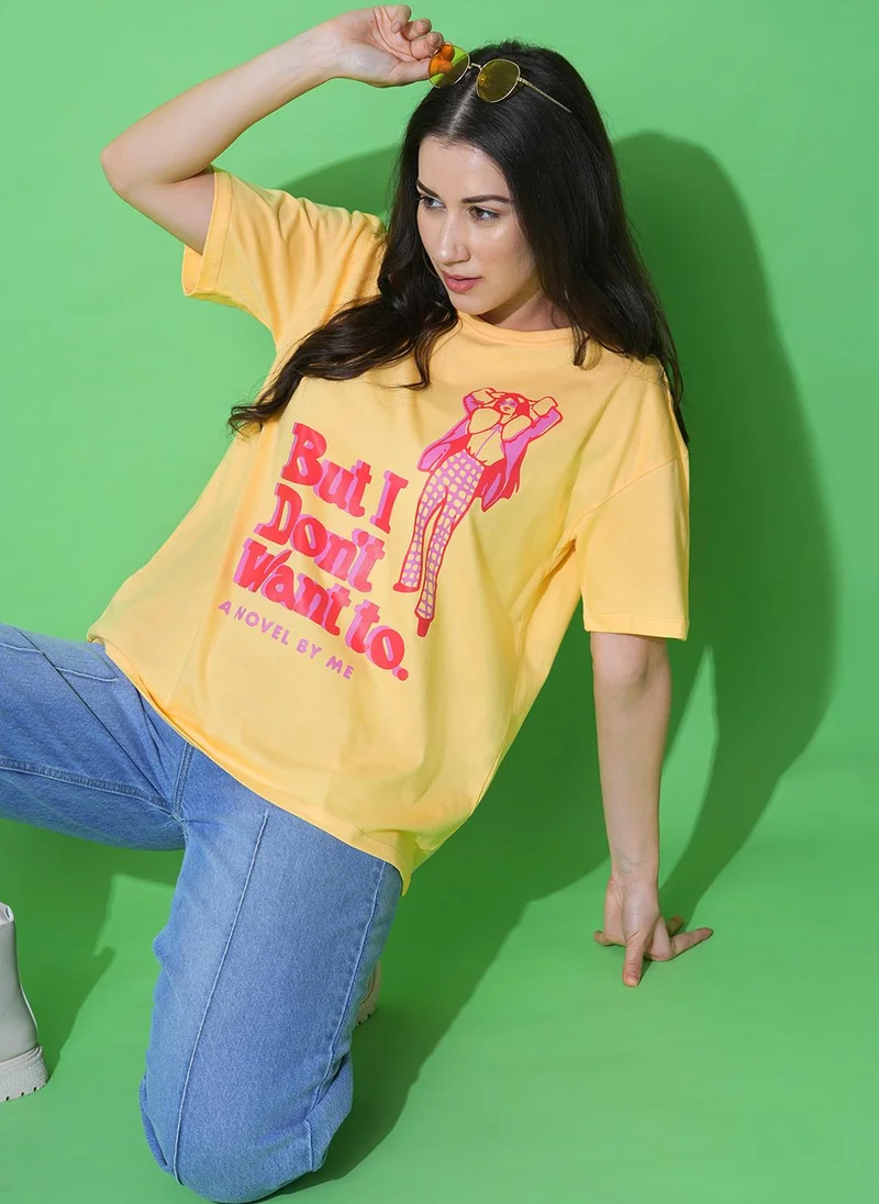 globus Globus Women Yellow Printed Round Neck Short Sleeves Cotton Boxy T-Shirt
