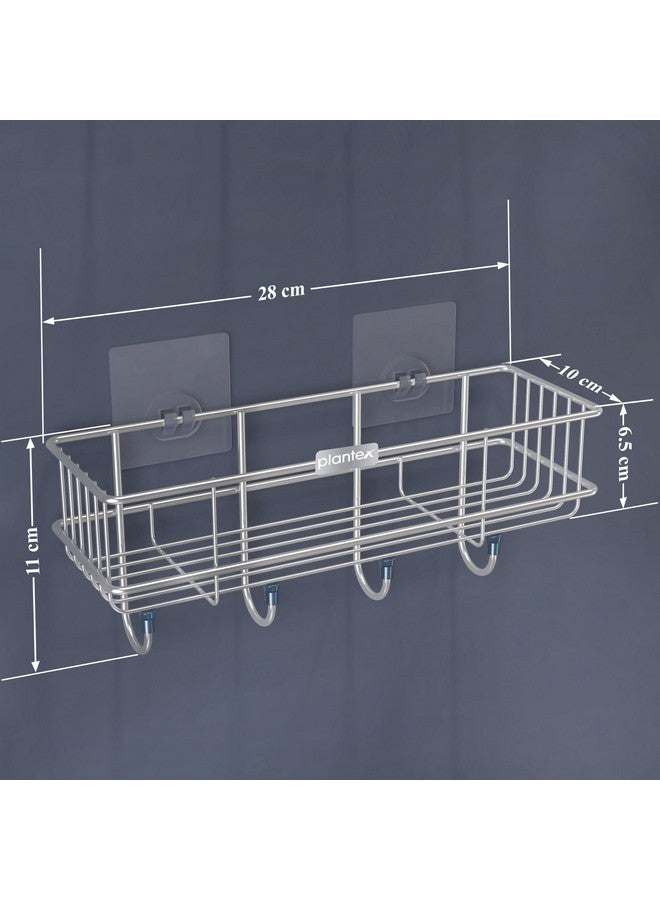 Plantex Stainless Steel Self-Adhesive Multipurpose Bathroom Shelf with Hooks/Towel Holder/Rack/Bathroom Accessories-Wall Mount - Pack of 2 (Chrome) - Image 4