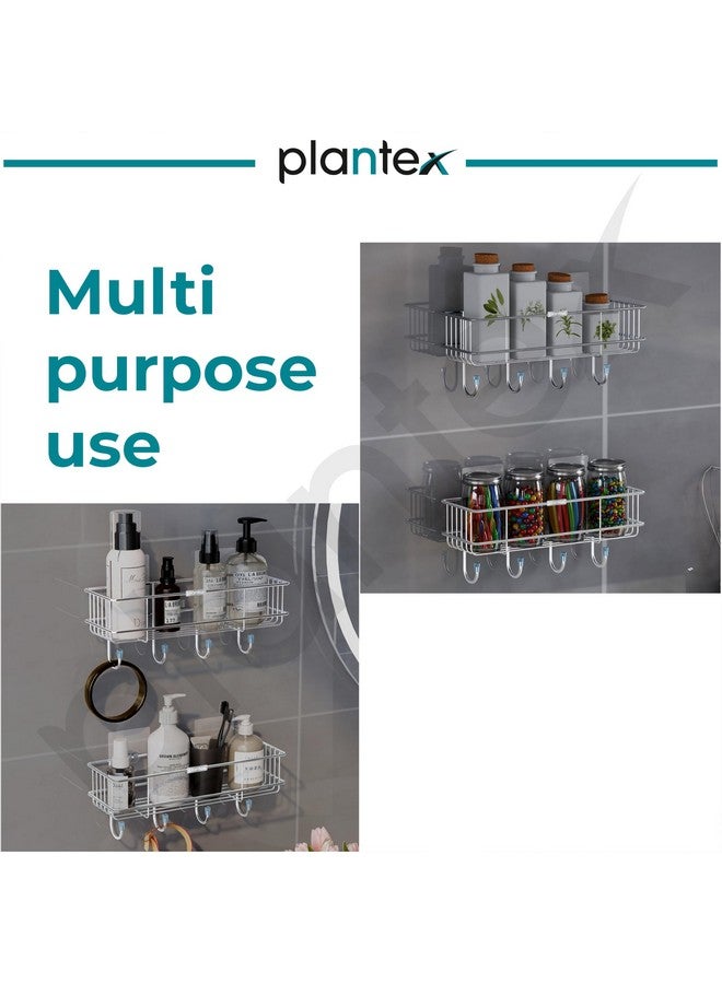 Plantex Stainless Steel Self-Adhesive Multipurpose Bathroom Shelf with Hooks/Towel Holder/Rack/Bathroom Accessories-Wall Mount - Pack of 2 (Chrome) - Image 5