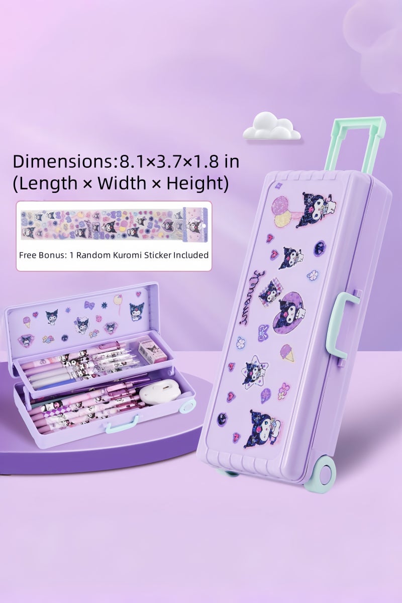 kuromi Pull-Along Double-Layer Pencil Case - Rolling School Trolley Box with Wheels & Waterproof ABS | 150g Lightweight Design - Image 1