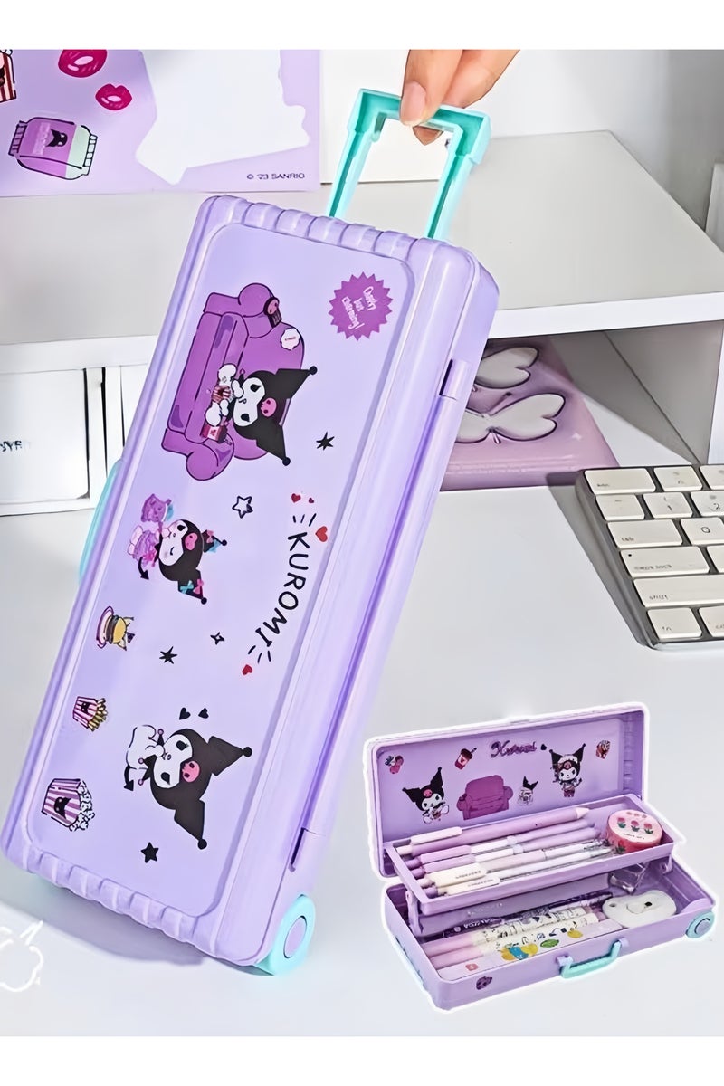 kuromi Pull-Along Double-Layer Pencil Case - Rolling School Trolley Box with Wheels & Waterproof ABS | 150g Lightweight Design - Image 3