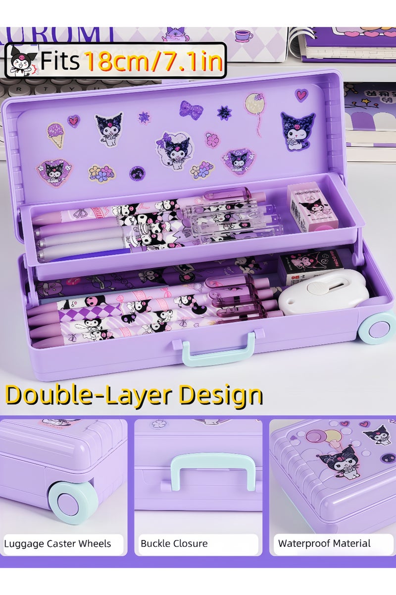 kuromi Pull-Along Double-Layer Pencil Case - Rolling School Trolley Box with Wheels & Waterproof ABS | 150g Lightweight Design - Image 4