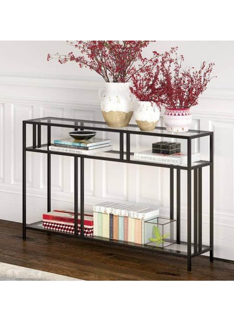 LINGWEI Console Table Glass Tv Stand with Storage Shelf Black 120x80x40cm  - Image 1