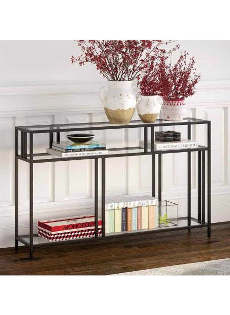 LINGWEI Console Table Glass Tv Stand with Storage Shelf Black 120x80x40cm  - Image 2