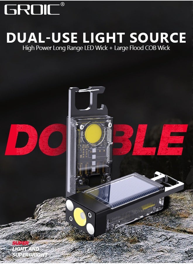 GROIC - LED Mini COB Flashlights Solar/Rechargeable Multi Function, 1000 High Lumen Super Bright 9 Light Modes Light Waterproof Portable Led Work Light, Pocket Light With Bottle Opener And Magnet Base - Image 1