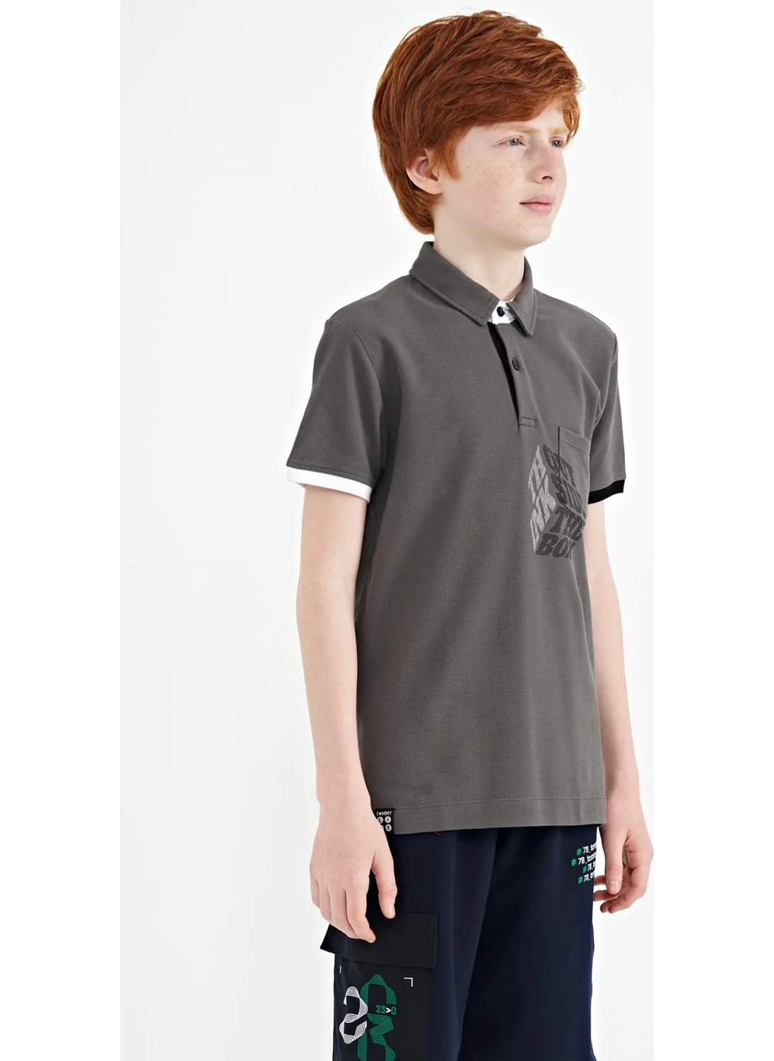 تومي لايف Dark Gray Front Pocket Detailed Printed Standard Size Polo Collar Boy's T-Shirt - 11102