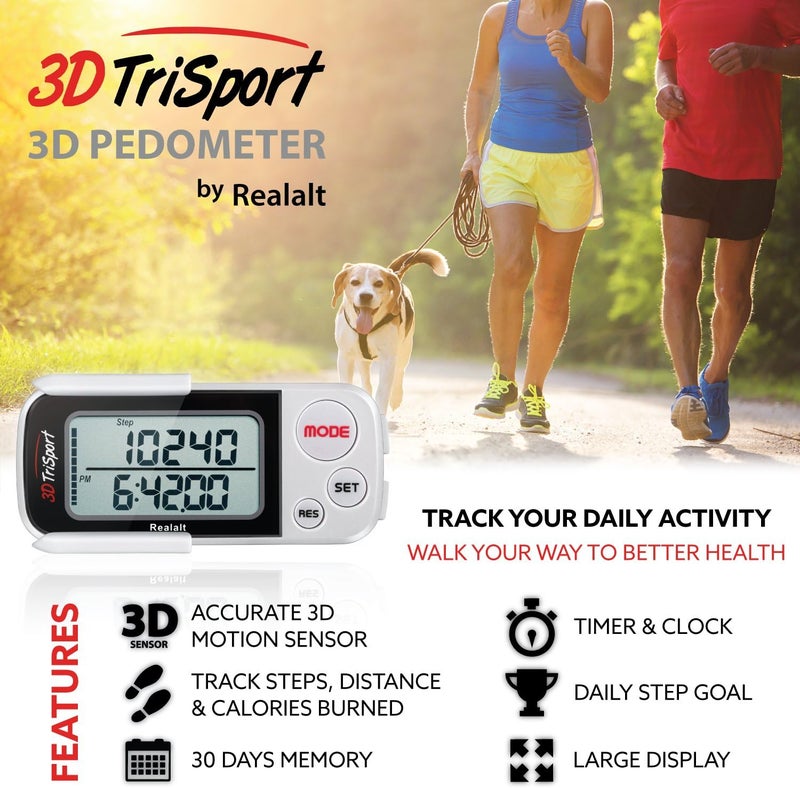 Realalt 3DTriSport Walking 3D Pedometer with Clip & Strap, eBook Included 30 Days Memory Accurate Step Counter, Walking Distance Miles/Km, Calorie Counter, Daily Exercise Time Monitor - Image 2