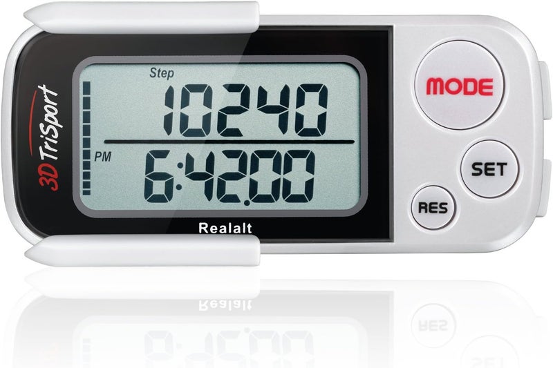 Realalt 3DTriSport Walking 3D Pedometer with Clip & Strap, eBook Included 30 Days Memory Accurate Step Counter, Walking Distance Miles/Km, Calorie Counter, Daily Exercise Time Monitor - Image 1