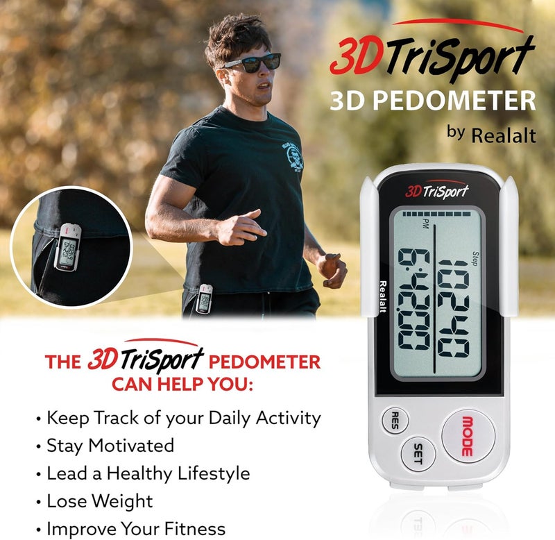 Realalt 3DTriSport Walking 3D Pedometer with Clip & Strap, eBook Included 30 Days Memory Accurate Step Counter, Walking Distance Miles/Km, Calorie Counter, Daily Exercise Time Monitor - Image 3