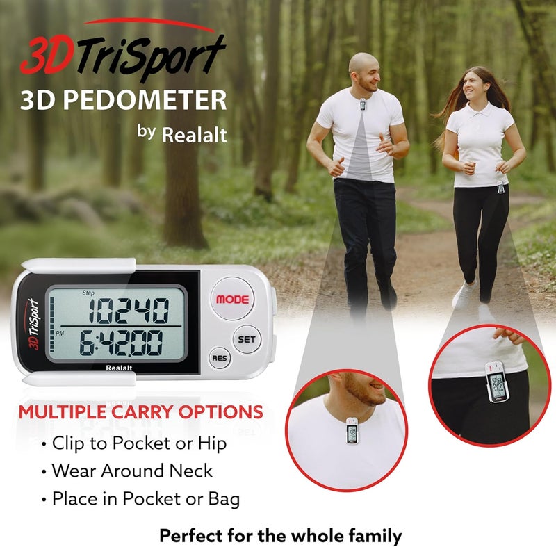 Realalt 3DTriSport Walking 3D Pedometer with Clip & Strap, eBook Included 30 Days Memory Accurate Step Counter, Walking Distance Miles/Km, Calorie Counter, Daily Exercise Time Monitor - Image 5
